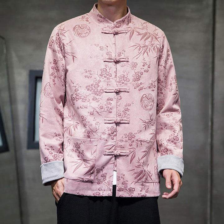 Buddha Stones Chinese New Year Clothes Flowers Bamboo Solid Color Cuff Frog-button Tang Suit Cotton Men's Jacket Shirt With Pockets - Pink - US/UK/AU46，EU56 (5XL) - image 33