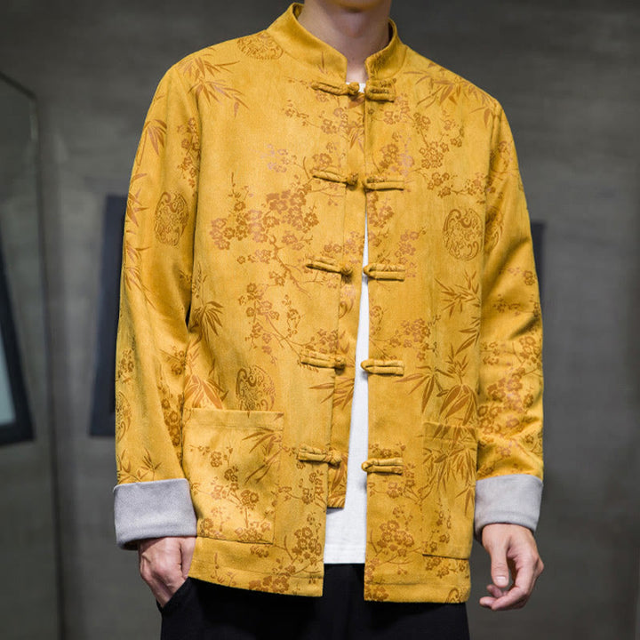 Buddha Stones Chinese New Year Clothes Flowers Bamboo Solid Color Cuff Frog-button Tang Suit Cotton Men's Jacket Shirt With Pockets - image 4