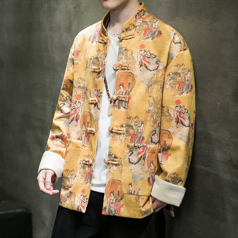 Buddha Stones Chinese New Year Clothes Ancient Figure Painting Solid Color Cuff Frog-button Tang Suit Cotton Men's Jacket Shirt With Pockets - image 11