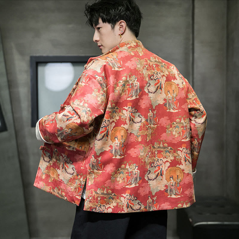 Buddha Stones Chinese New Year Clothes Ancient Figure Painting Solid Color Cuff Frog-button Tang Suit Cotton Men's Jacket Shirt With Pockets