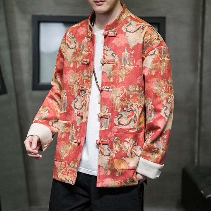 Buddha Stones Chinese New Year Clothes Ancient Figure Painting Solid Color Cuff Frog-button Tang Suit Cotton Men's Jacket Shirt With Pockets - OrangeRed - US/UK/AU46，EU56 (5XL) - image 0