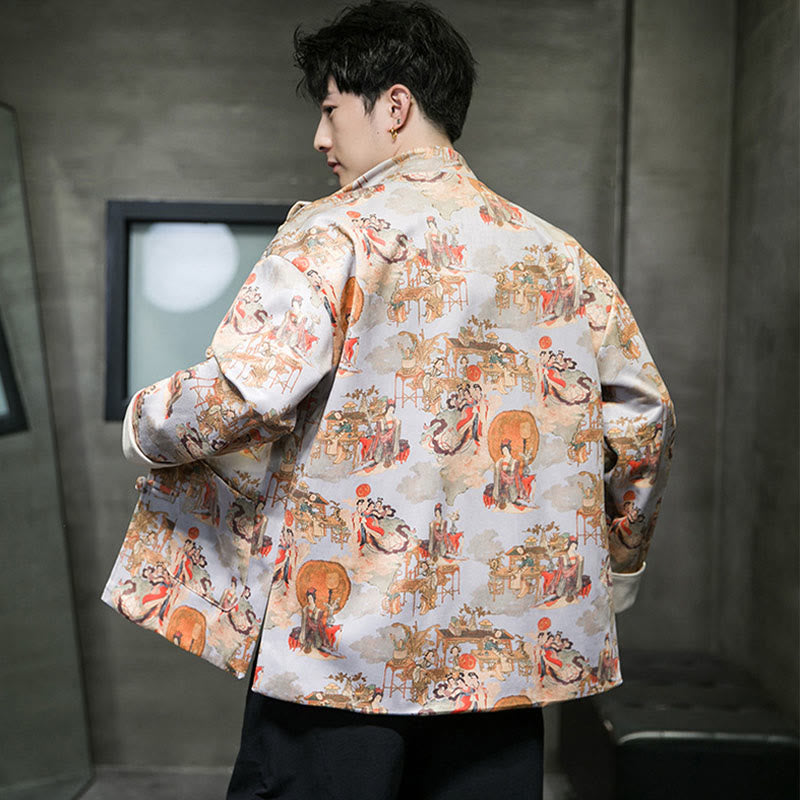 Buddha Stones Chinese New Year Clothes Ancient Figure Painting Solid Color Cuff Frog-button Tang Suit Cotton Men's Jacket Shirt With Pockets - image 19