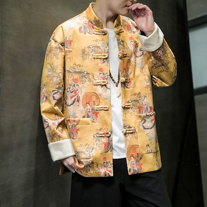 Buddha Stones Chinese New Year Clothes Ancient Figure Painting Solid Color Cuff Frog-button Tang Suit Cotton Men's Jacket Shirt With Pockets - image 14