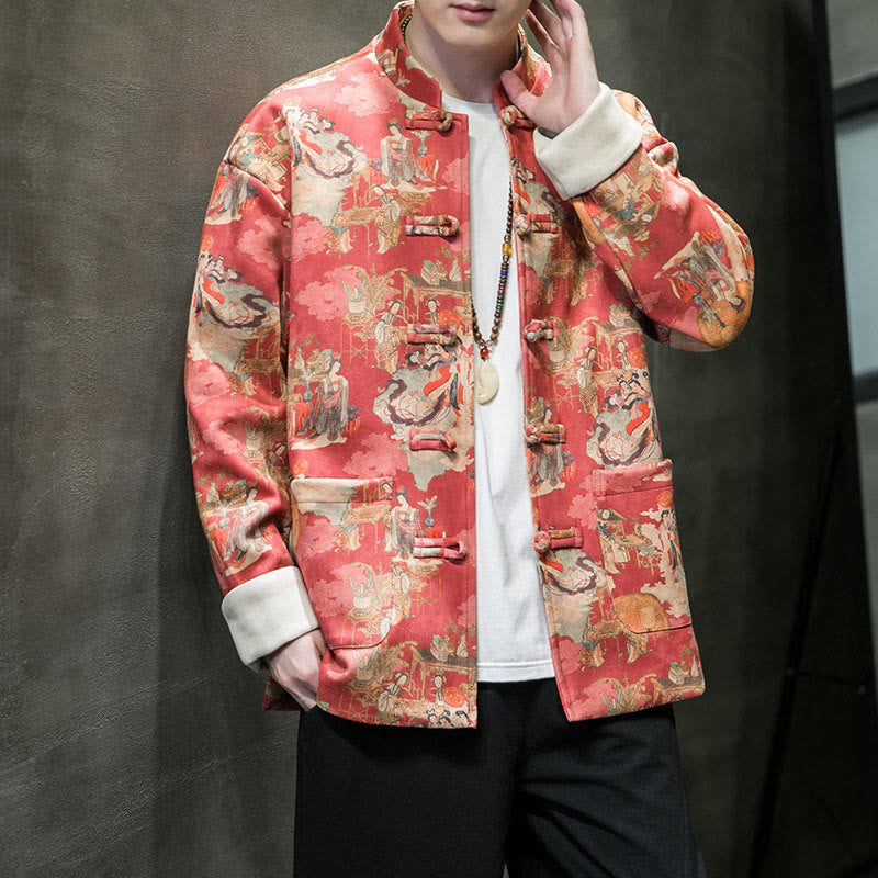 Buddha Stones Chinese New Year Clothes Ancient Figure Painting Solid Color Cuff Frog-button Tang Suit Cotton Men's Jacket Shirt With Pockets - image 7