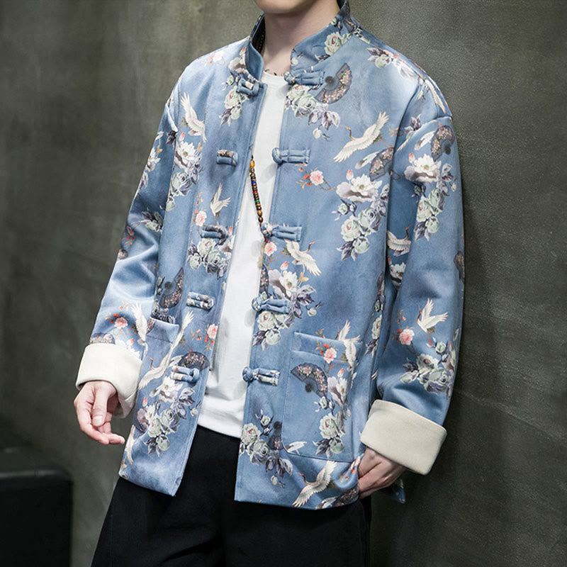 Buddha Stones Chinese New Year Clothes Flowers Fan Birds Frog-button Tang Suit Cotton Men's Jacket Shirt With Pockets - image 14