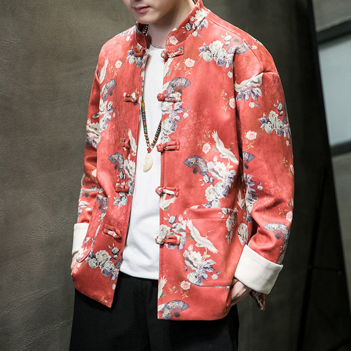 Buddha Stones Chinese New Year Clothes Flowers Fan Birds Frog-button Tang Suit Cotton Men's Jacket Shirt With Pockets - image 5