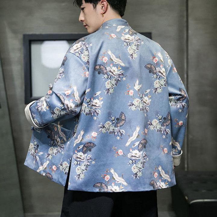 Buddha Stones Chinese New Year Clothes Flowers Fan Birds Frog-button Tang Suit Cotton Men's Jacket Shirt With Pockets