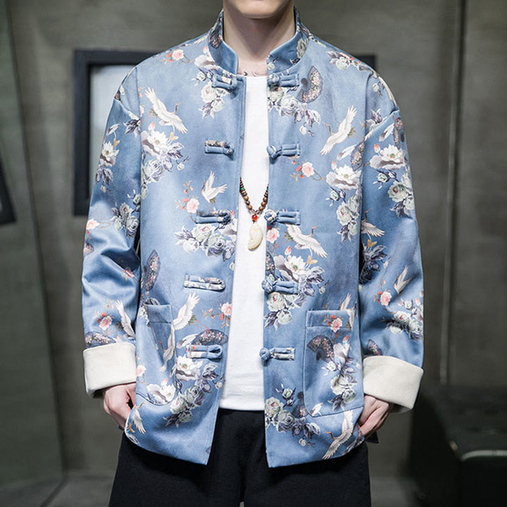 Buddha Stones Chinese New Year Clothes Flowers Fan Birds Frog-button Tang Suit Cotton Men's Jacket Shirt With Pockets - LightSkyBlue - US/UK/AU46，EU56 (5XL) - image 8