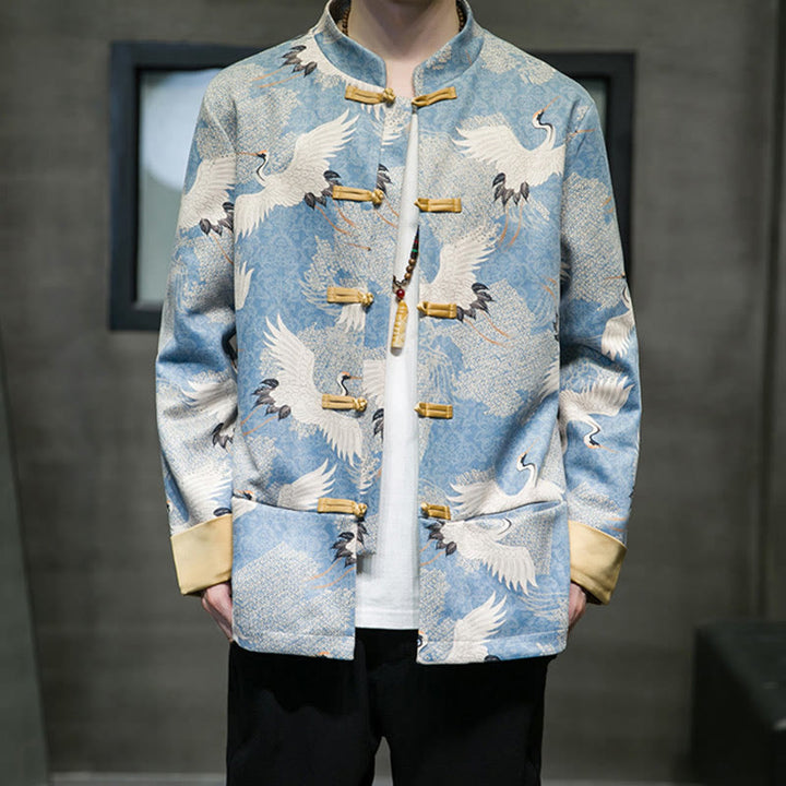 Buddha Stones Chinese New Year Clothes White Crane Gold Frog-button Tang Suit Cotton Men's Jacket Shirt With Pockets - image 6