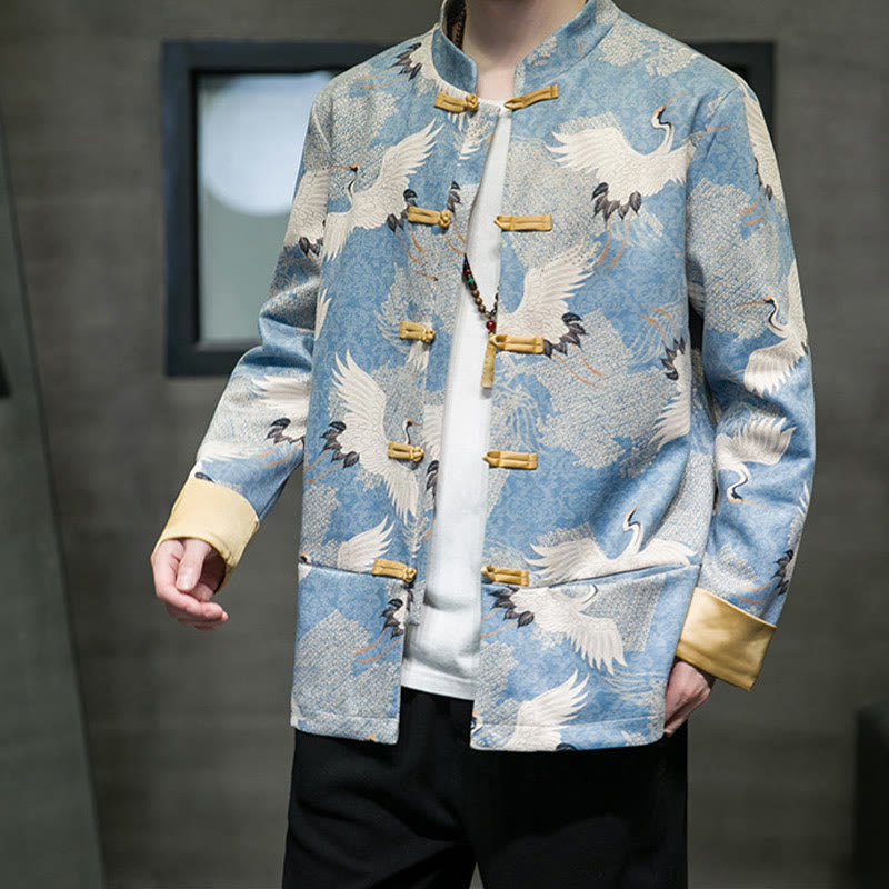 Buddha Stones Chinese New Year Clothes White Crane Gold Frog-button Tang Suit Cotton Men's Jacket Shirt With Pockets