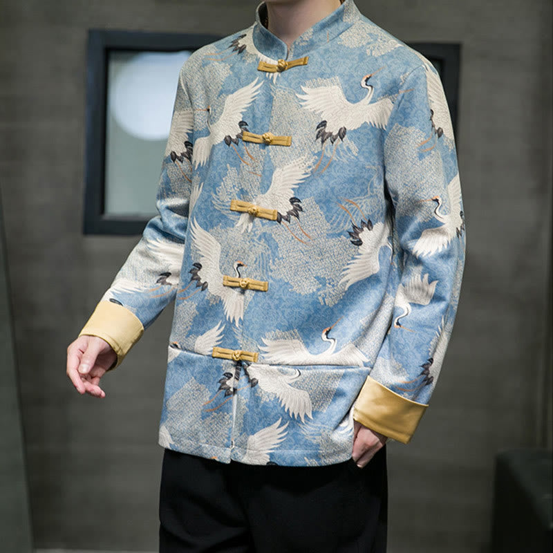 Buddha Stones Chinese New Year Clothes White Crane Gold Frog-button Tang Suit Cotton Men's Jacket Shirt With Pockets