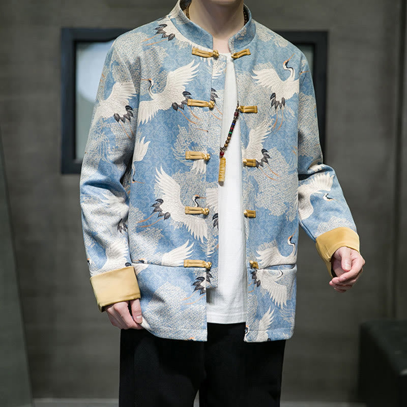 Buddha Stones Chinese New Year Clothes White Crane Gold Frog-button Tang Suit Cotton Men's Jacket Shirt With Pockets - image 7