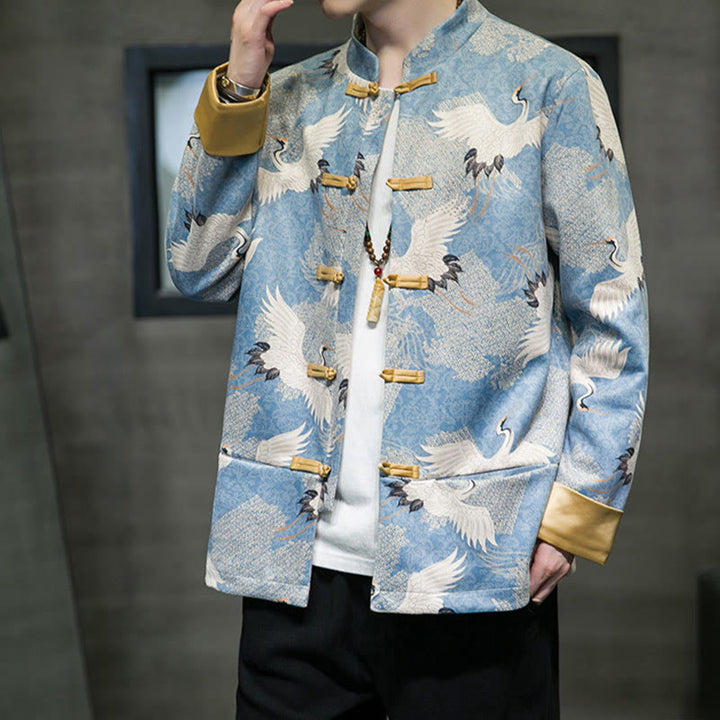 Buddha Stones Chinese New Year Clothes White Crane Gold Frog-button Tang Suit Cotton Men's Jacket Shirt With Pockets