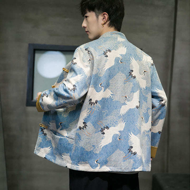 Buddha Stones Chinese New Year Clothes White Crane Gold Frog-button Tang Suit Cotton Men's Jacket Shirt With Pockets - image 5