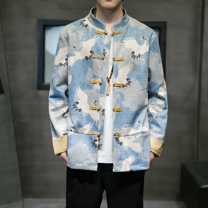 Buddha Stones Chinese New Year Clothes White Crane Gold Frog-button Tang Suit Cotton Men's Jacket Shirt With Pockets - LightSkyBlue - US/UK/AU46，EU56 (5XL) - image 0