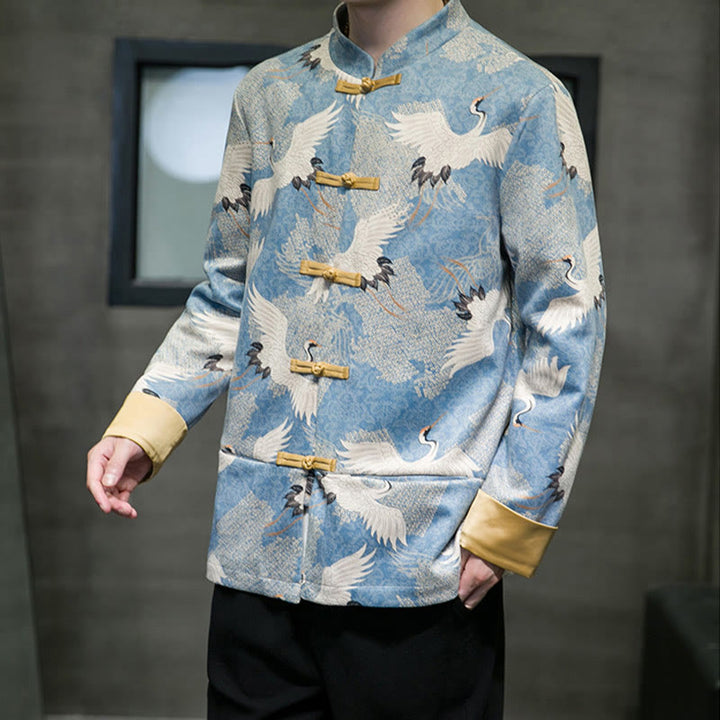 Buddha Stones Chinese New Year Clothes White Crane Gold Frog-button Tang Suit Cotton Men's Jacket Shirt With Pockets - image 8