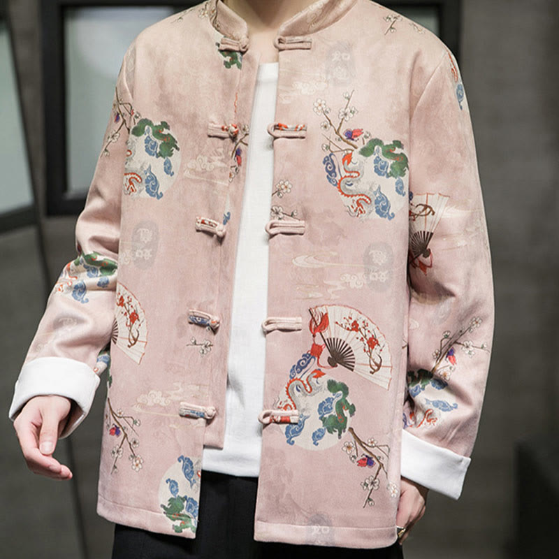 Buddha Stones Chinese New Year Clothes Flowers Dragon Fan Auspicious Clouds Frog-button Tang Suit Cotton Men's Jacket Shirt