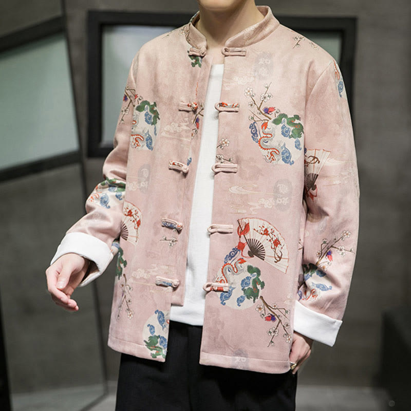 Buddha Stones Chinese New Year Clothes Flowers Dragon Fan Auspicious Clouds Frog-button Tang Suit Cotton Men's Jacket Shirt  - image 1
