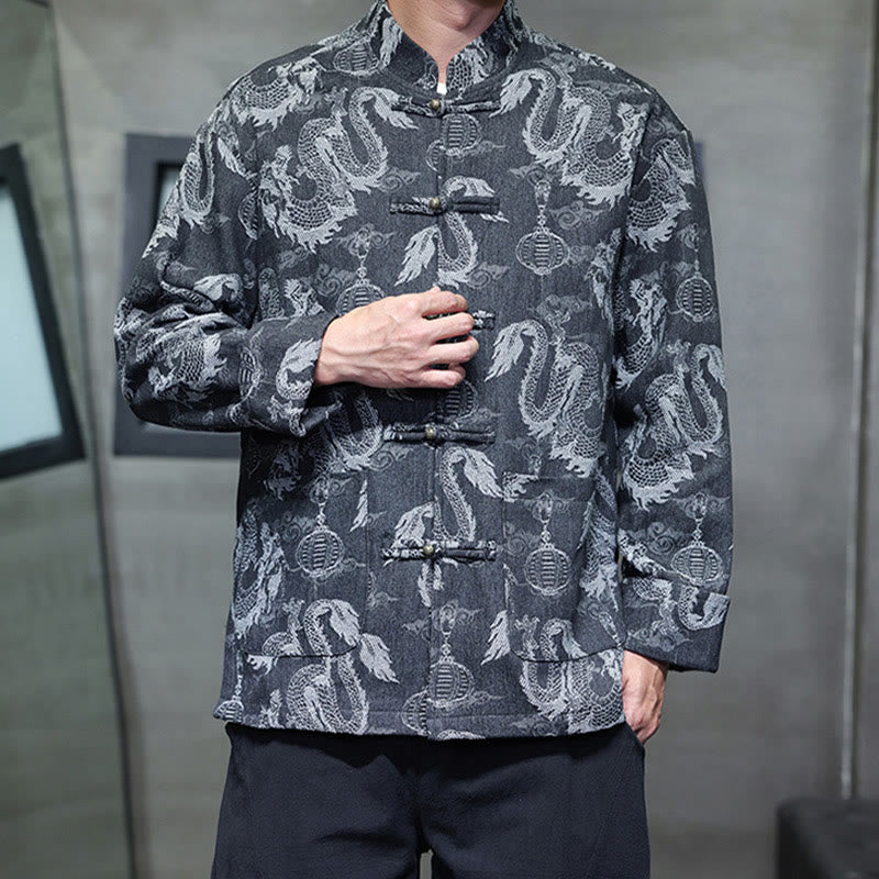 Buddha Stones Chinese New Year Jacquard Embroidery Dragon Lantern Frog-button Tang Suit Cotton Men's Jacket Shirt With Pockets