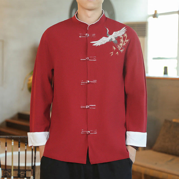 Buddha Stones Chinese New Year Flying Crane Embroidery Frog-button Tang Suit Cotton Men's Jacket Shirt