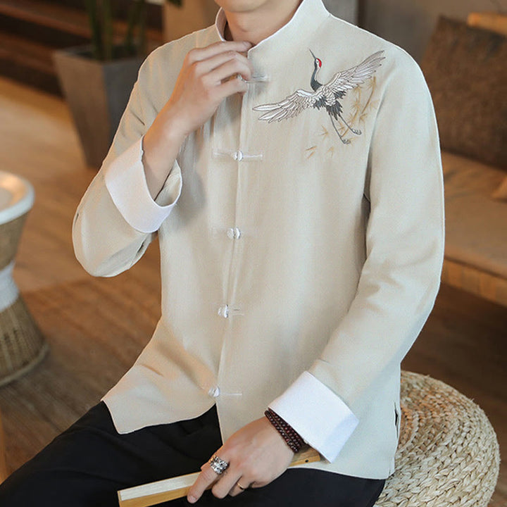 Buddha Stones Chinese New Year Flying Crane Embroidery Frog-button Tang Suit Cotton Men's Jacket Shirt