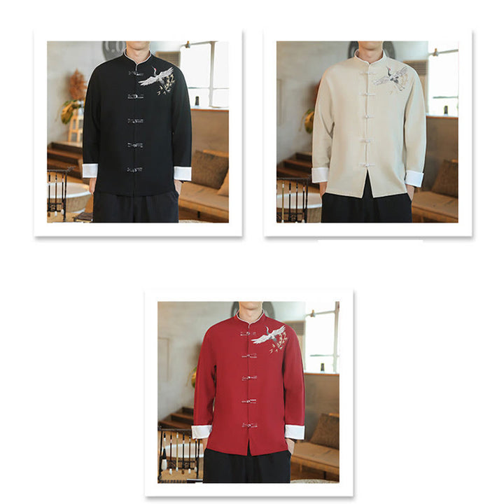 Buddha Stones Chinese New Year Flying Crane Embroidery Frog-button Tang Suit Cotton Men's Jacket Shirt - image 1