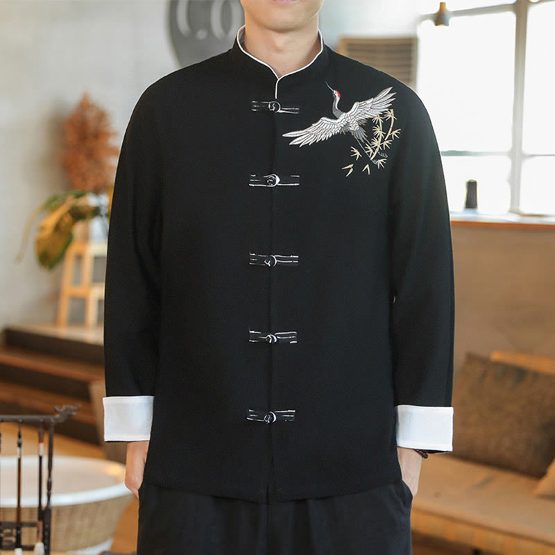 Buddha Stones Chinese New Year Flying Crane Embroidery Frog-button Tang Suit Cotton Men's Jacket Shirt - Black - US/UK/AU46，EU56 (5XL) - image 10