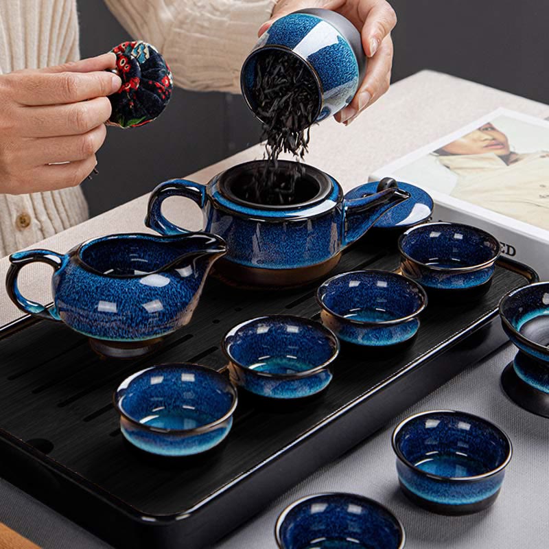Blue Gradient Color Chinese Gongfu Tea Ceramic Teapot Portable Gift Bag Box Set - image 19