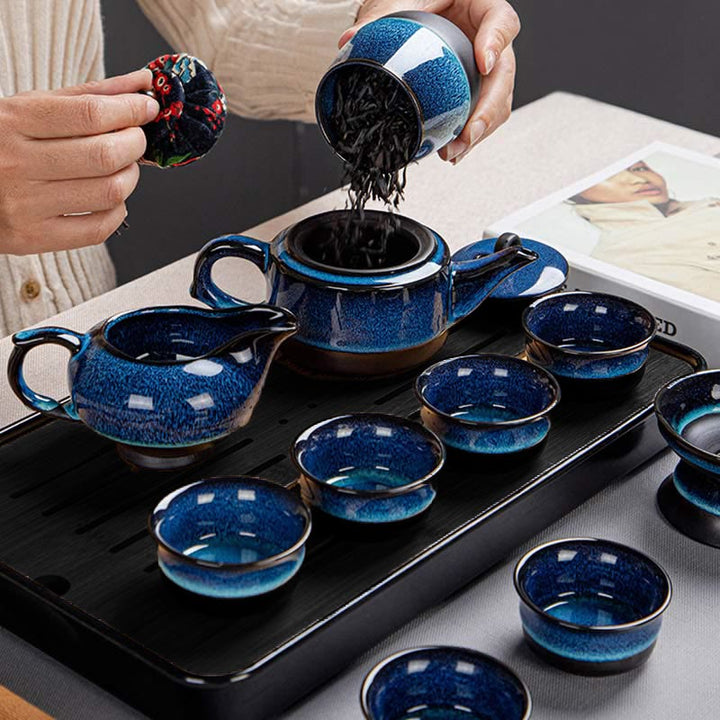 Blue Gradient Color Chinese Gongfu Tea Ceramic Teapot Portable Gift Bag Box Set - image 19