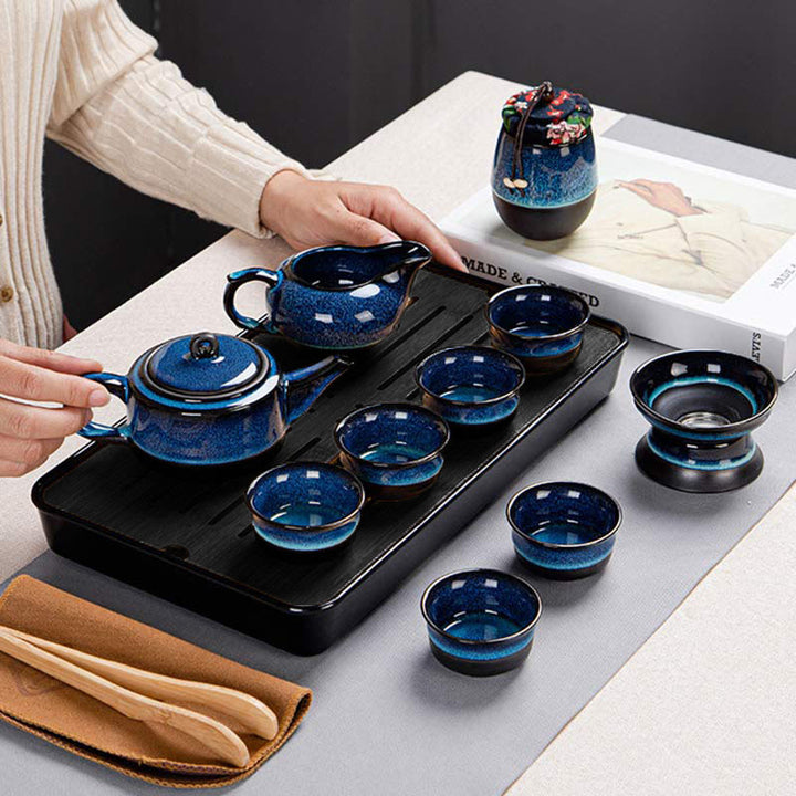 Blue Gradient Color Chinese Gongfu Tea Ceramic Teapot Portable Gift Bag Box Set - image 20