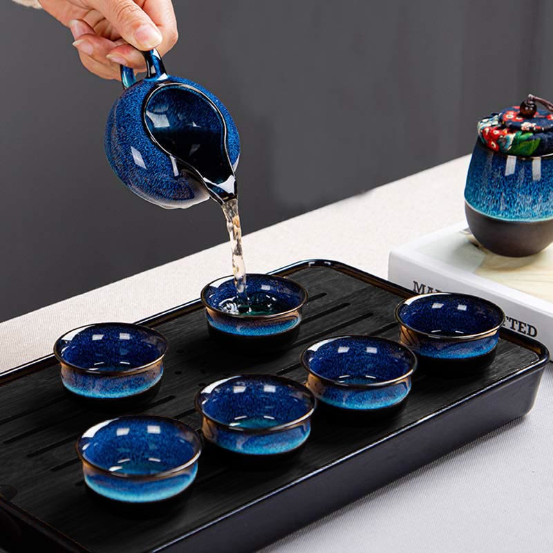 Blue Gradient Color Chinese Gongfu Tea Ceramic Teapot Portable Gift Bag Box Set - image 21