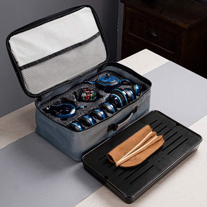 Blue Gradient Color Chinese Gongfu Tea Ceramic Teapot Portable Gift Bag Box Set - image 24