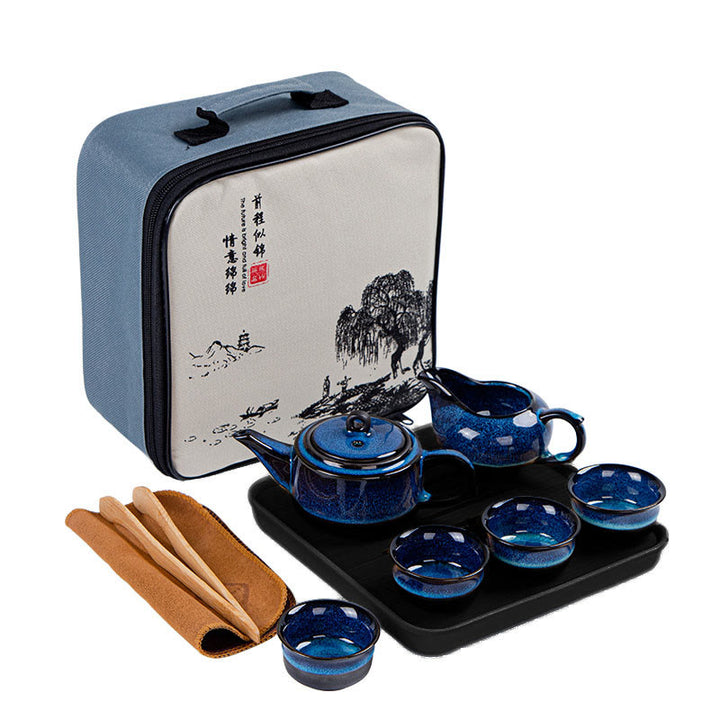 Blue Gradient Color Chinese Gongfu Tea Ceramic Teapot Portable Gift Bag Box Set