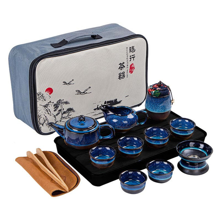 Blue Gradient Color Chinese Gongfu Tea Ceramic Teapot Portable Gift Bag Box Set - image 25