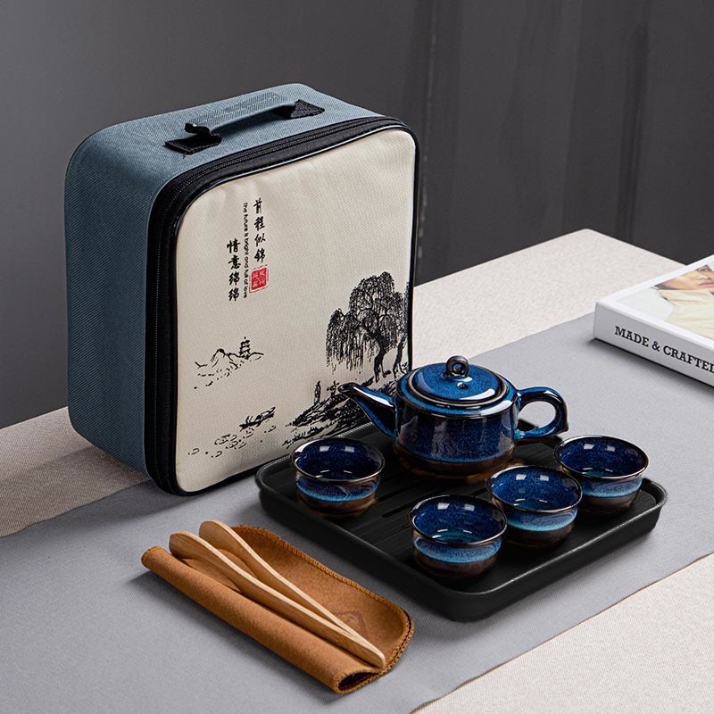 Blue Gradient Color Chinese Gongfu Tea Ceramic Teapot Portable Gift Bag Box Set - 1 Teapot+4 Cups+Tray+Bag - image 8
