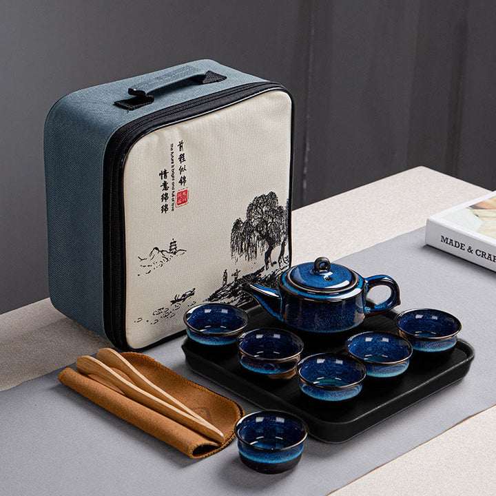 Blue Gradient Color Chinese Gongfu Tea Ceramic Teapot Portable Gift Bag Box Set - 1 Teapot+6 Cups+Tray+Bag - image 9