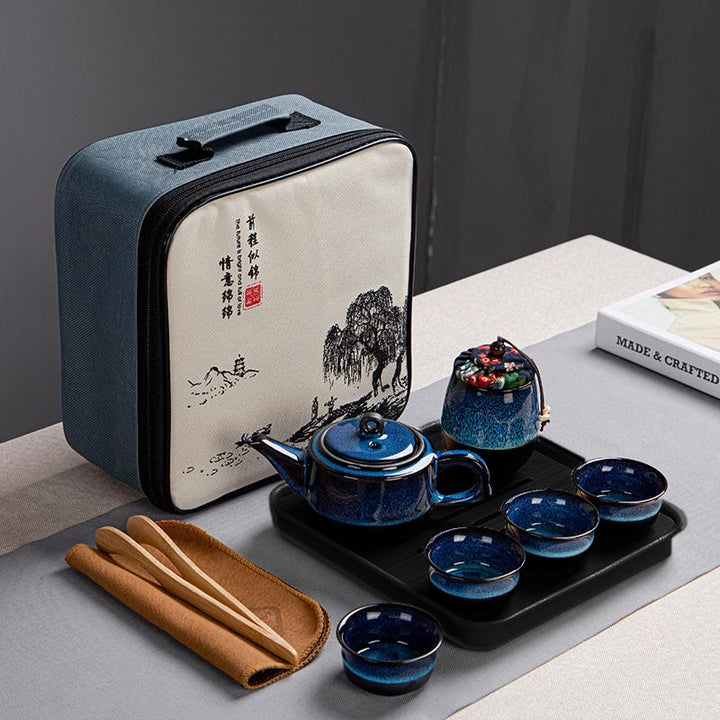 Blue Gradient Color Chinese Gongfu Tea Ceramic Teapot Portable Gift Bag Box Set