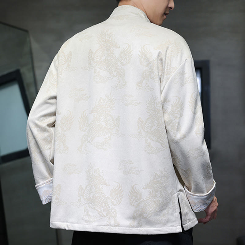 Buddha Stones Chinese New Year Kirin Print Frog-button Tang Suit Men's Jacket Shirt With Pockets