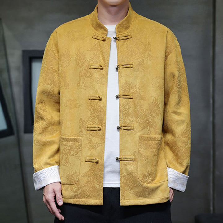 Buddha Stones Chinese New Year Kirin Print Frog-button Tang Suit Men's Jacket Shirt With Pockets - Yellow - US/UK/AU46，EU56 (5XL) - image 1