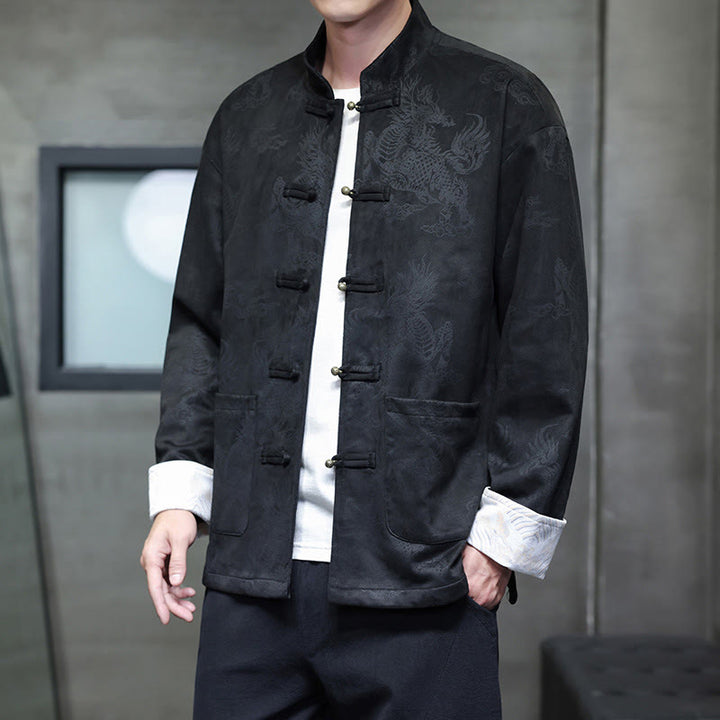 Buddha Stones Chinese New Year Kirin Print Frog-button Tang Suit Men's Jacket Shirt With Pockets - image 18