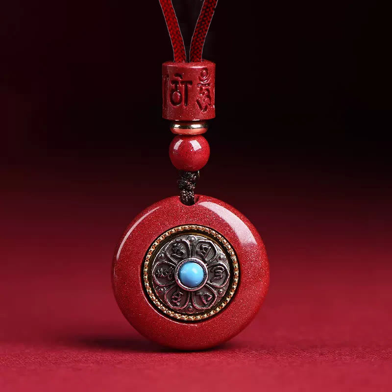 Buddha Stones Natural Cinnabar Six True Words 'Om Mani Padme Hum' Braided String Blessing Key Chain Necklace Pendant - Cinnabar Om Mani Padme Hum Necklace - image 1