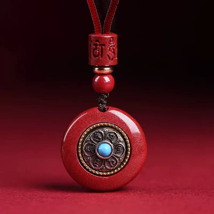 Buddha Stones Natural Cinnabar Six True Words 'Om Mani Padme Hum' Braided String Blessing Key Chain Necklace Pendant - Cinnabar Om Mani Padme Hum Necklace - image 1