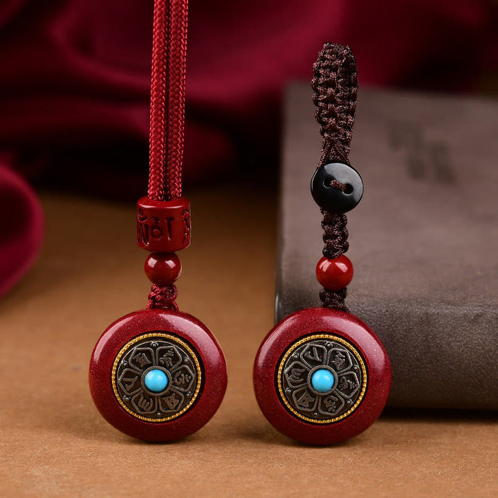 Buddha Stones Natural Cinnabar Six True Words 'Om Mani Padme Hum' Braided String Blessing Key Chain Necklace Pendant - image 3