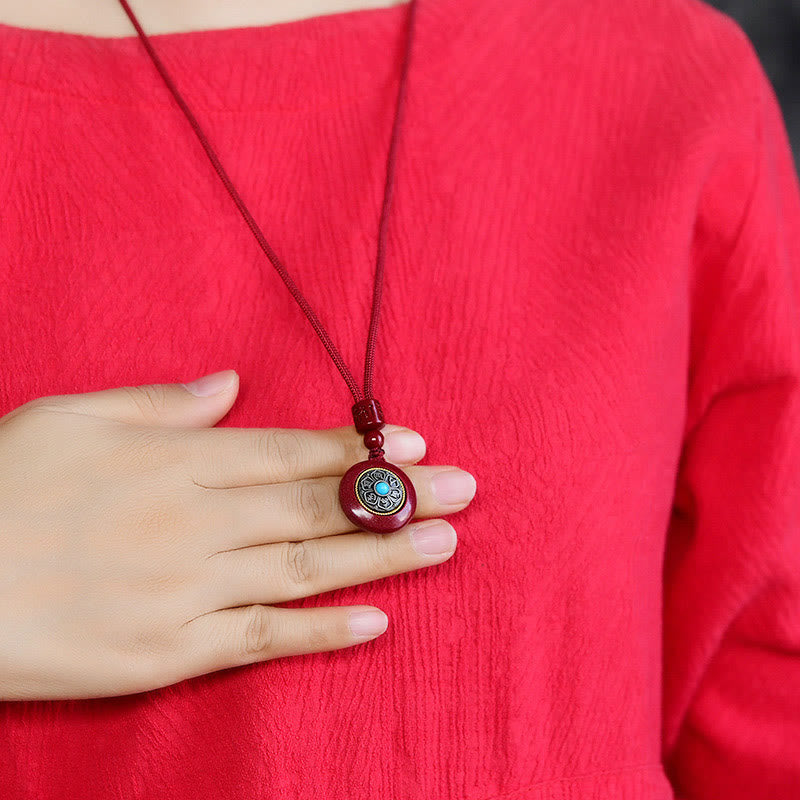 Buddha Stones Natural Cinnabar Six True Words 'Om Mani Padme Hum' Braided String Blessing Key Chain Necklace Pendant