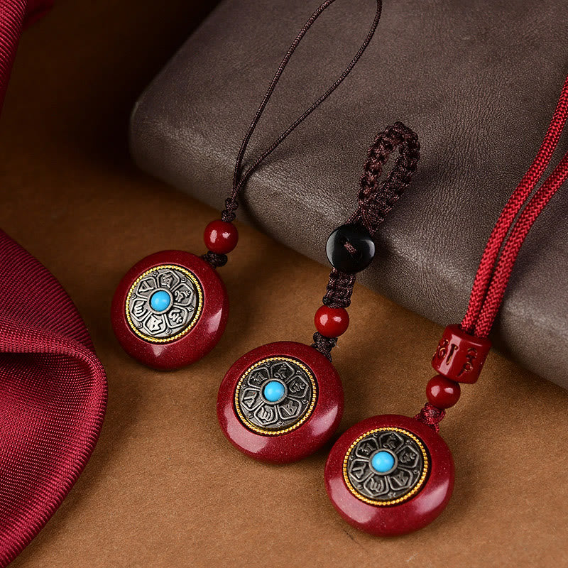 Buddha Stones Natural Cinnabar Six True Words 'Om Mani Padme Hum' Braided String Blessing Key Chain Necklace Pendant - image 2