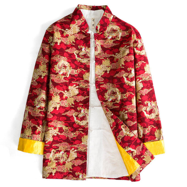 Buddha Stones Chinese New Year Golden Auspicious Clouds Frog-button Tang Suit Cotton Men's Jacket Shirt With Pockets