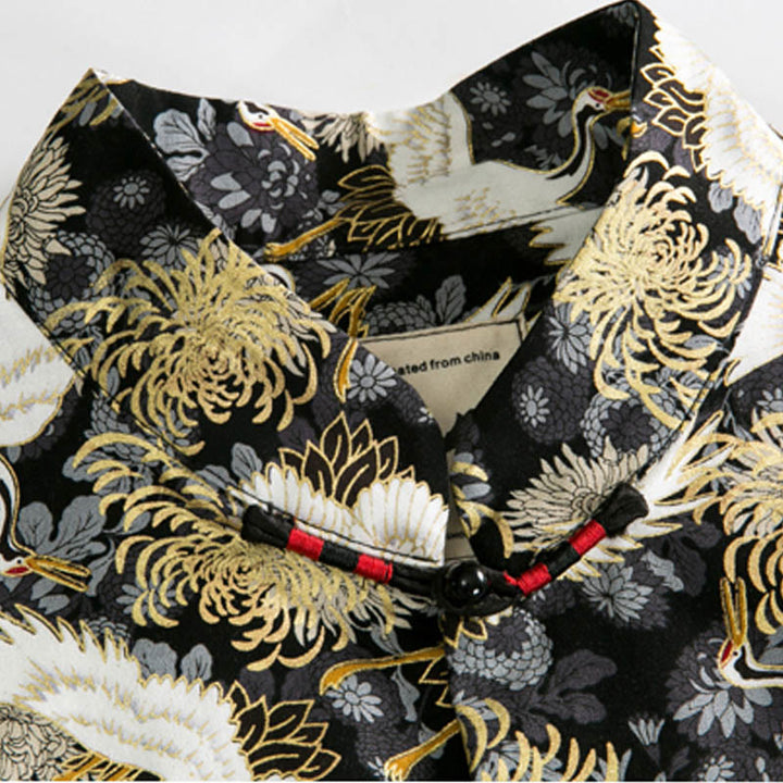 Buddha Stones Chinese New Year Flying Crane Chrysanthemum Frog-button Tang Suit Cotton Men's Jacket Shirt With Pockets