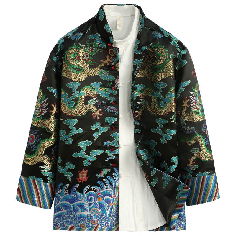 Buddha Stones Chinese New Year Dragon Embroidery Auspicious Clouds Frog-button Tang Suit Men's Jacket Shirt - Black - US/UK/AU44，EU54 (4XL) - image 12