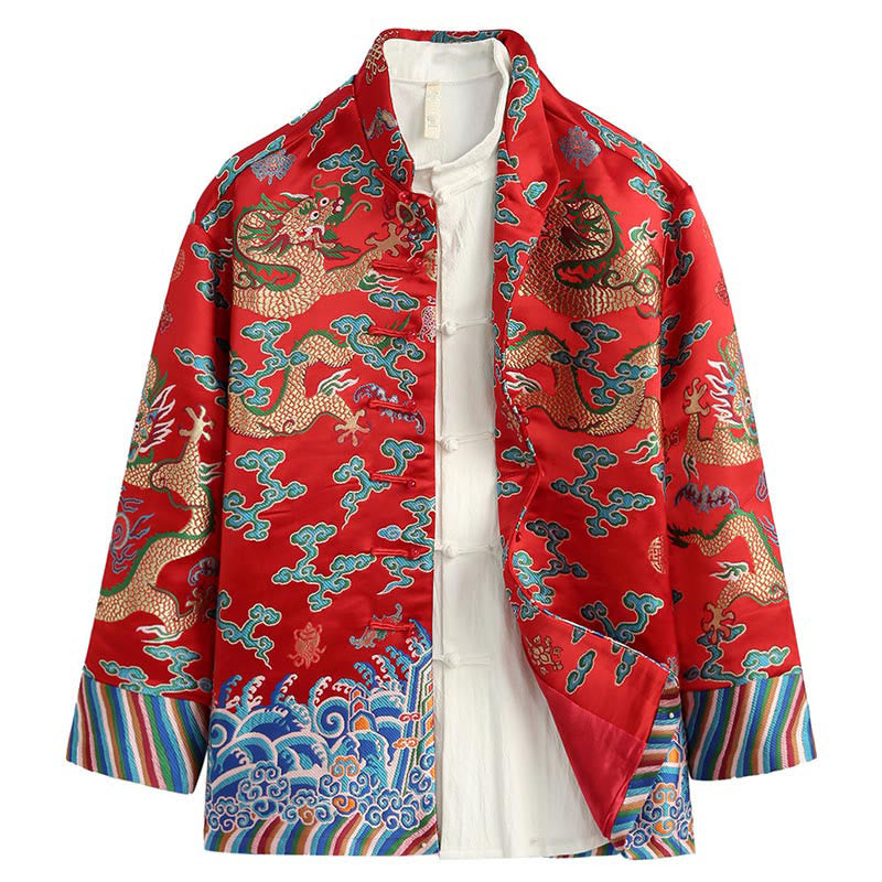 Buddha Stones Chinese New Year Dragon Embroidery Auspicious Clouds Frog-button Tang Suit Men's Jacket Shirt - Red - US/UK/AU44，EU54 (4XL) - image 0