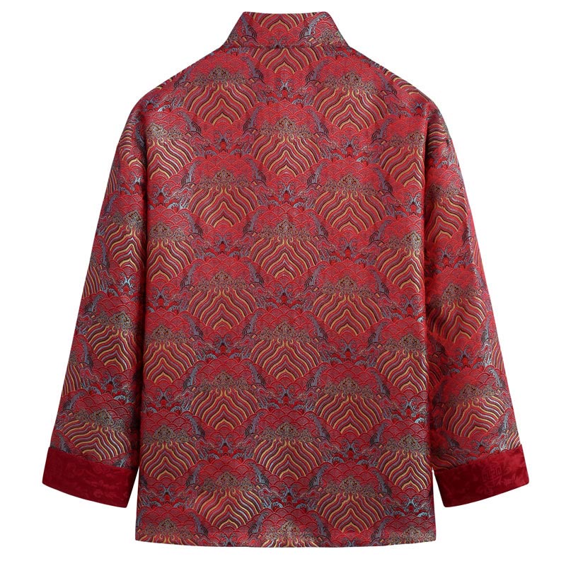 Buddha Stones Chinese New Year Jacquard Damask Seawater Pattern Frog-button Tang Suit Men's Jacket Shirt With Pockets